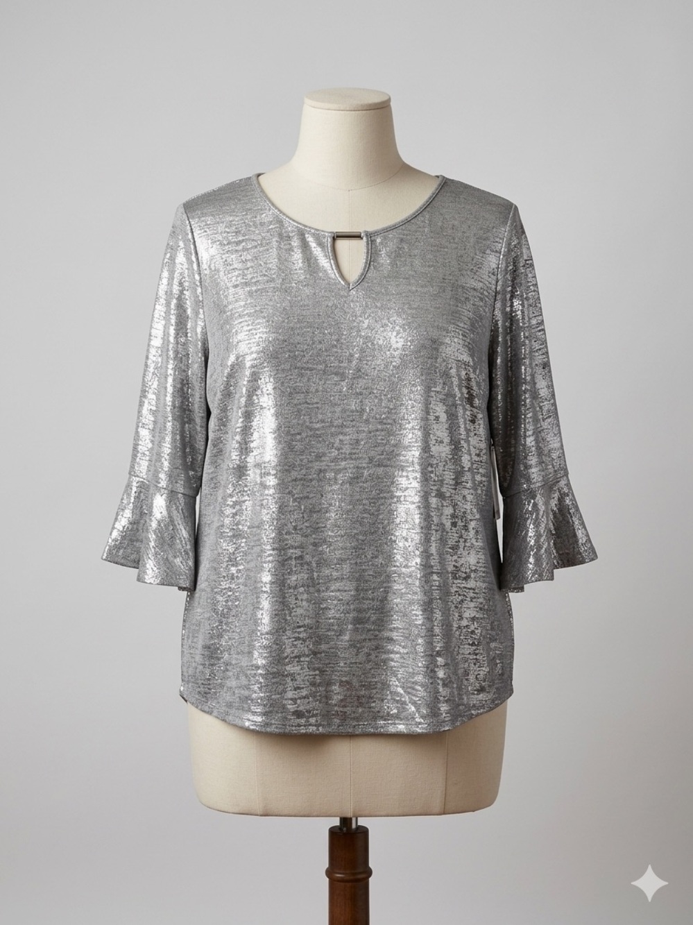 Silver Metallic Keyhole Blouse with Flounce Sleeves